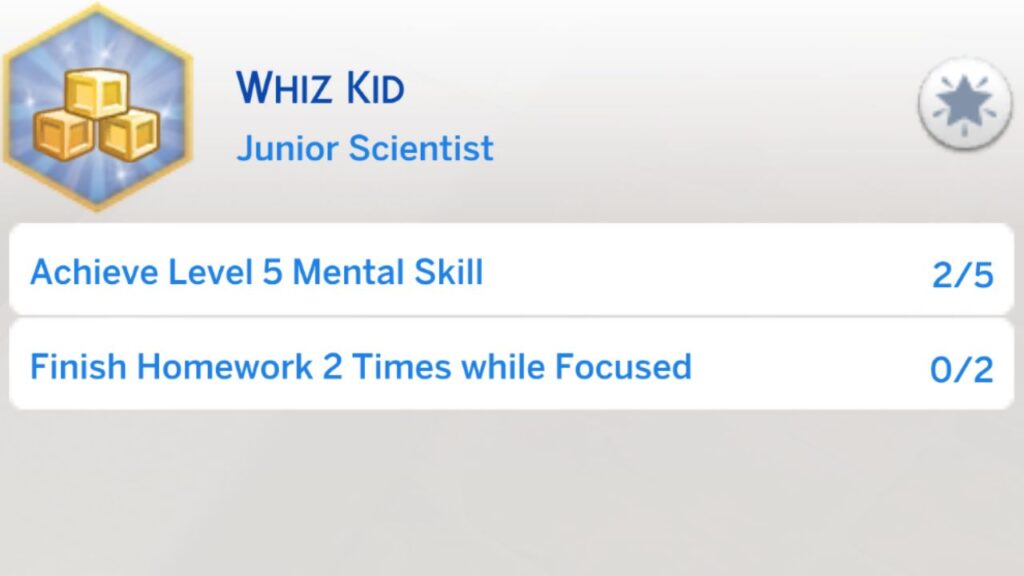A screenshot from The Sims 4 showing the second stage of the whiz kid aspiration