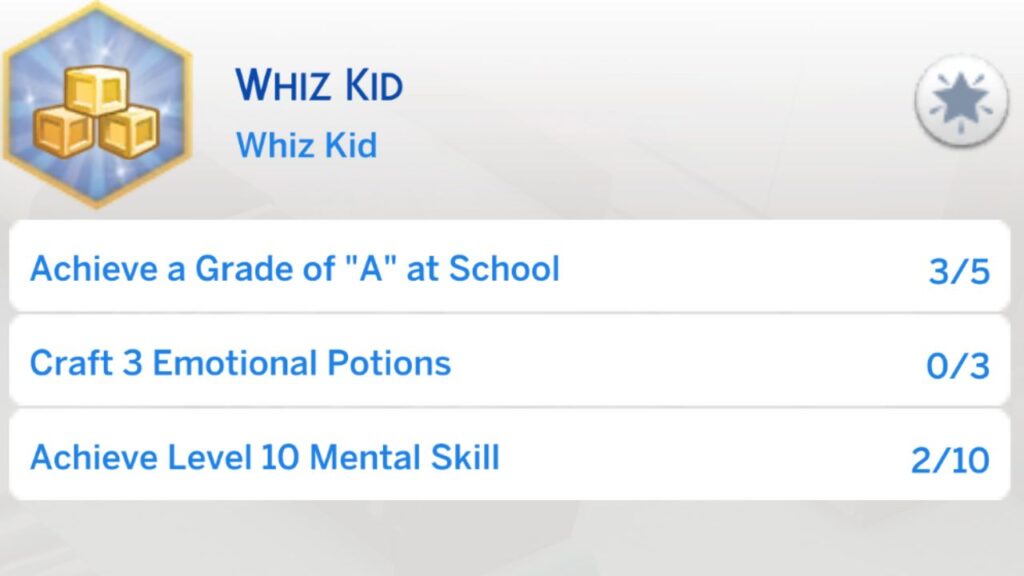 A screenshot from The Sims 4 showing the third stage of the whiz kid aspiration