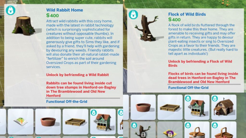 A screenshot from The Sims 4 showing the wild rabbit home and flock of wild birds items