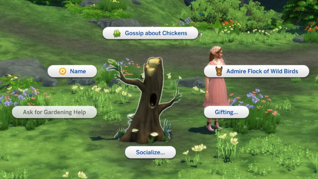 A screenshot from The Sims 4 showing the social menu for birds