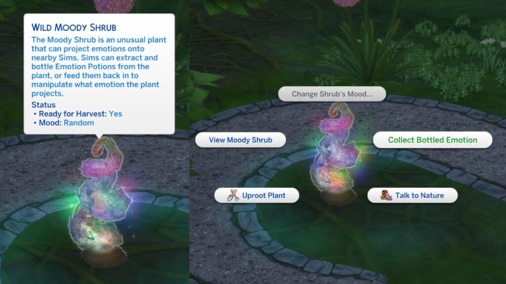 A screenshot from The Sims 4 showing the option to collect bottled emotion from a Wild Moody Shrub