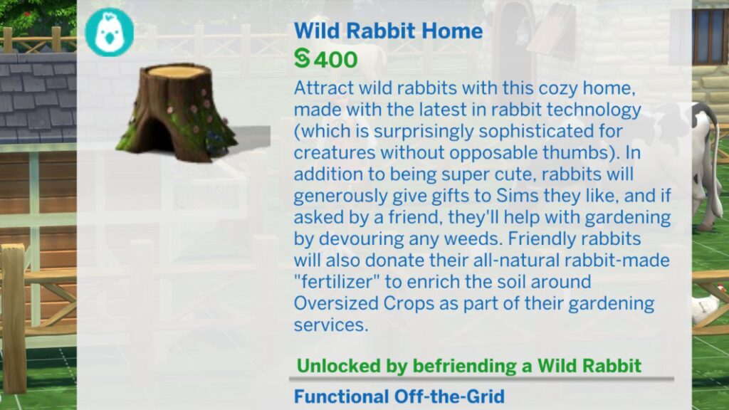 A screenshot from The Sims 4 showing the build mode listing for the wild rabbit home