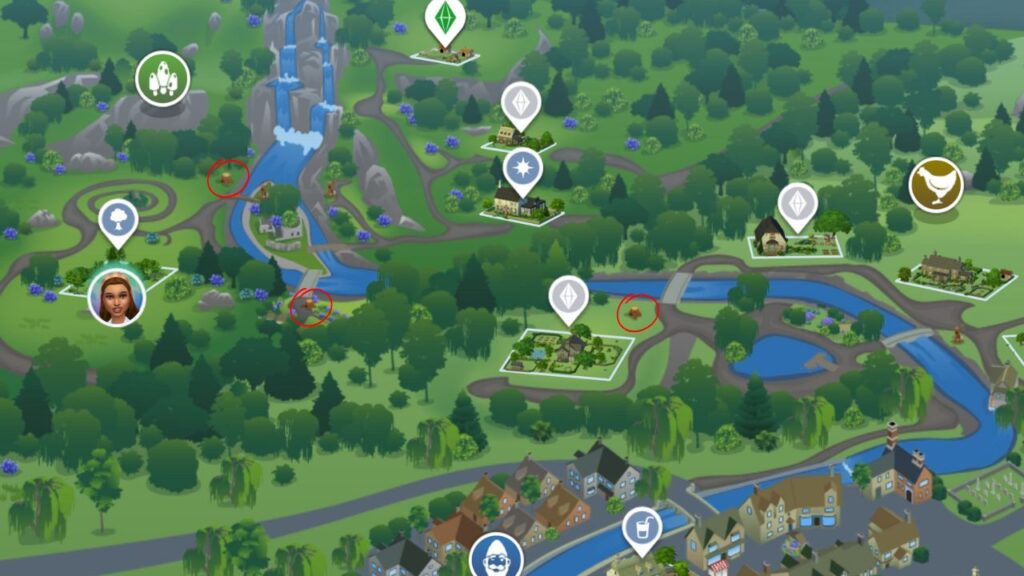 A screenshot from The Sims 4 showing the Henford-On-Bagley world map with wild rabbit locations circled