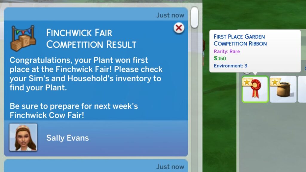 A screenshot from The Sims 4 showing a sim winning the finchwick fair and getting a ribbon