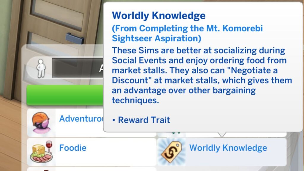 A screenshot from The Sims 4 showing the Wordly Knowledge reward trait from the mt. komorebi sightseer aspiration