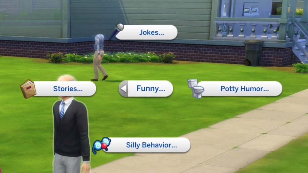 A screenshots from The Sims 4 showing the funny social menu