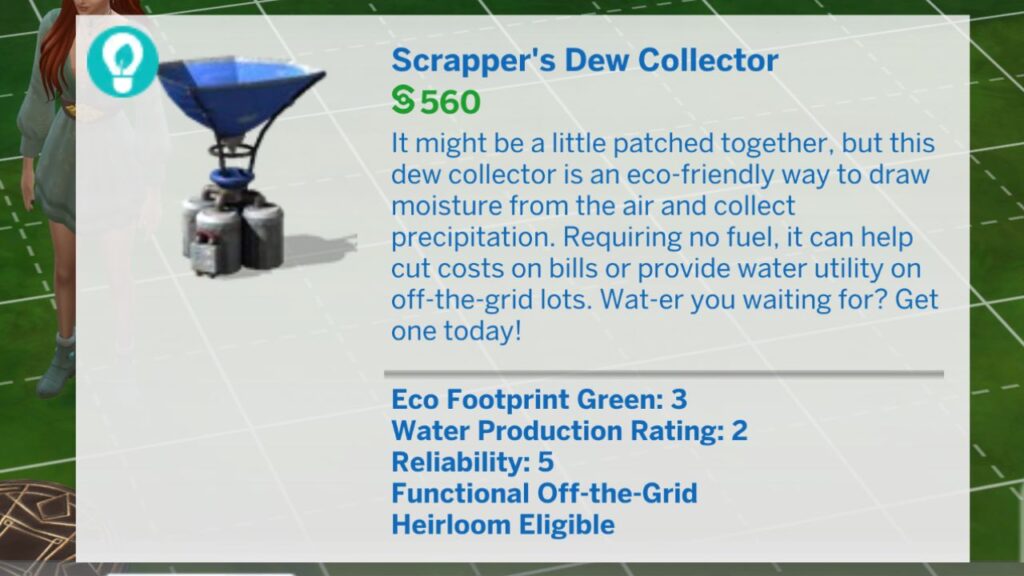 A screenshot from The Sims 4 showing the Scrapper's Dew Collector build mode listing 