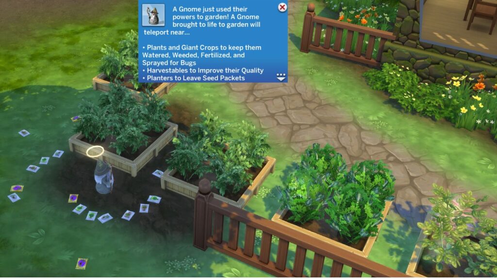 A screenshot from The Sims 4 showing a gnome who is enchanted to garden 