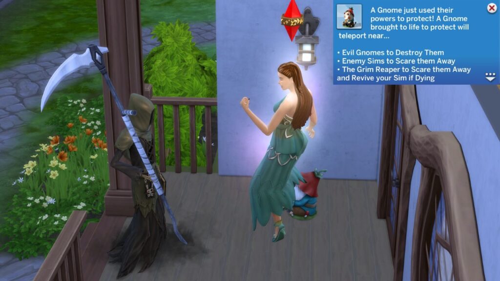 A screenshot from The Sims 4 showing a gnome who is protected