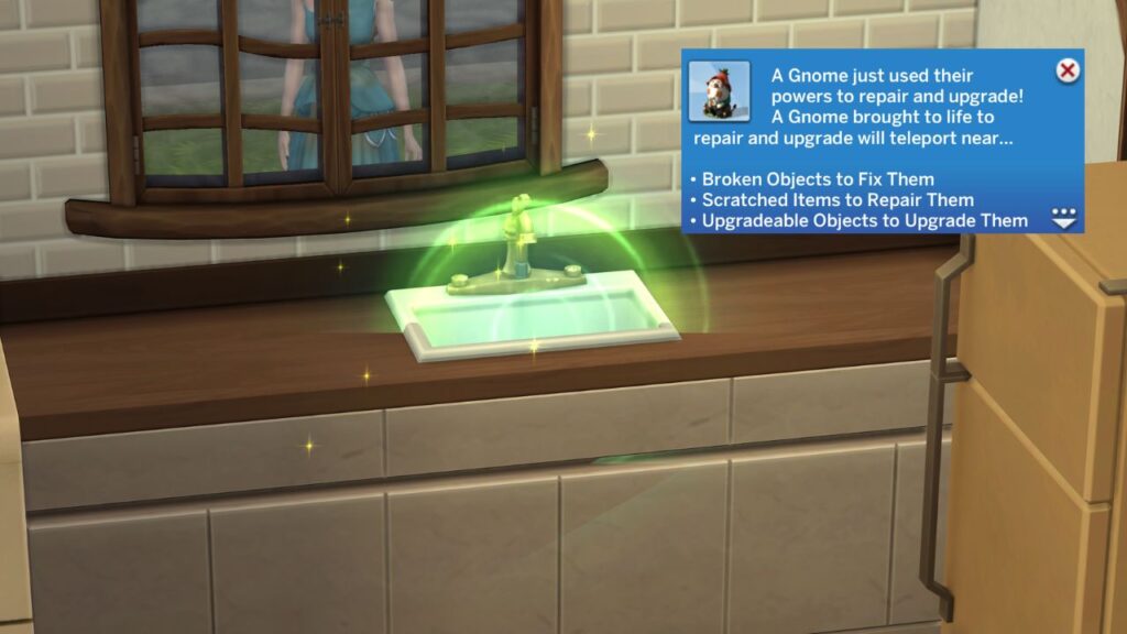 A screenshot from The Sims 4 showing a gnome who is enchanted to repair and upgrade 
