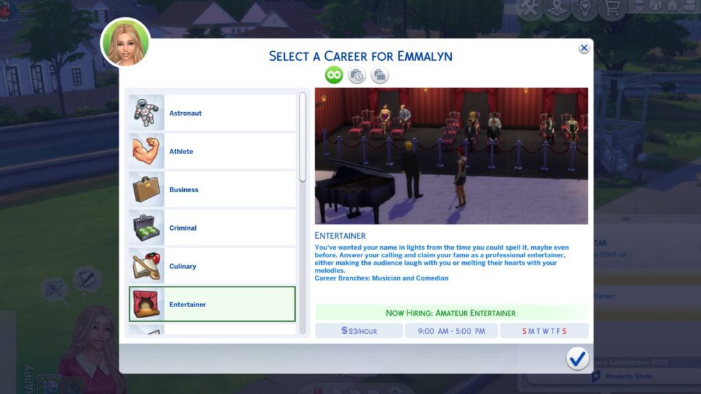 A screenshot from The Sims 4 showing the menu to find a job to join the entertainer career