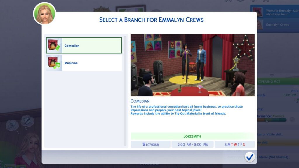A screenshot from The Sims 4 showing the branch decision for the entertainer career