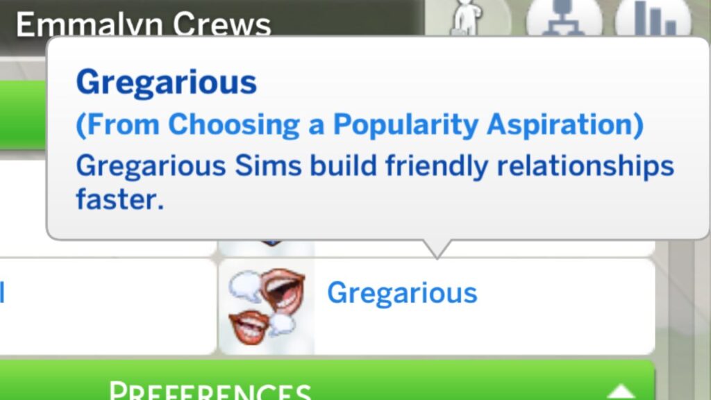 A screenshot from The Sims 4 showing the gregarious bonus trait 