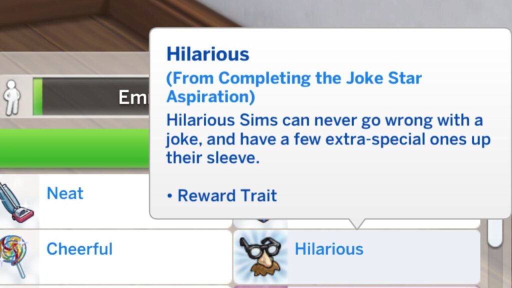 A screenshot from The Sims 4 showing the hilarious reward trait from the Joke Star Aspiration
