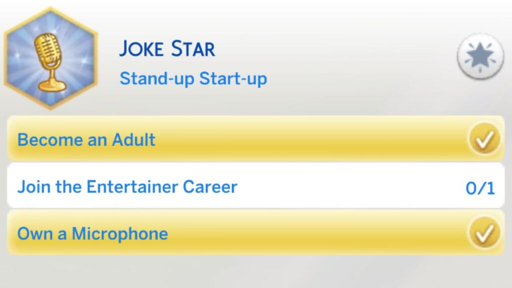 A screenshot from The Sims 4 showing the second stage of the joke star aspiration