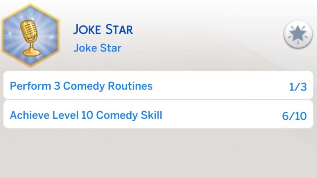 A screenshot from The Sims 4 showing the fourth stage of the joke star aspiration