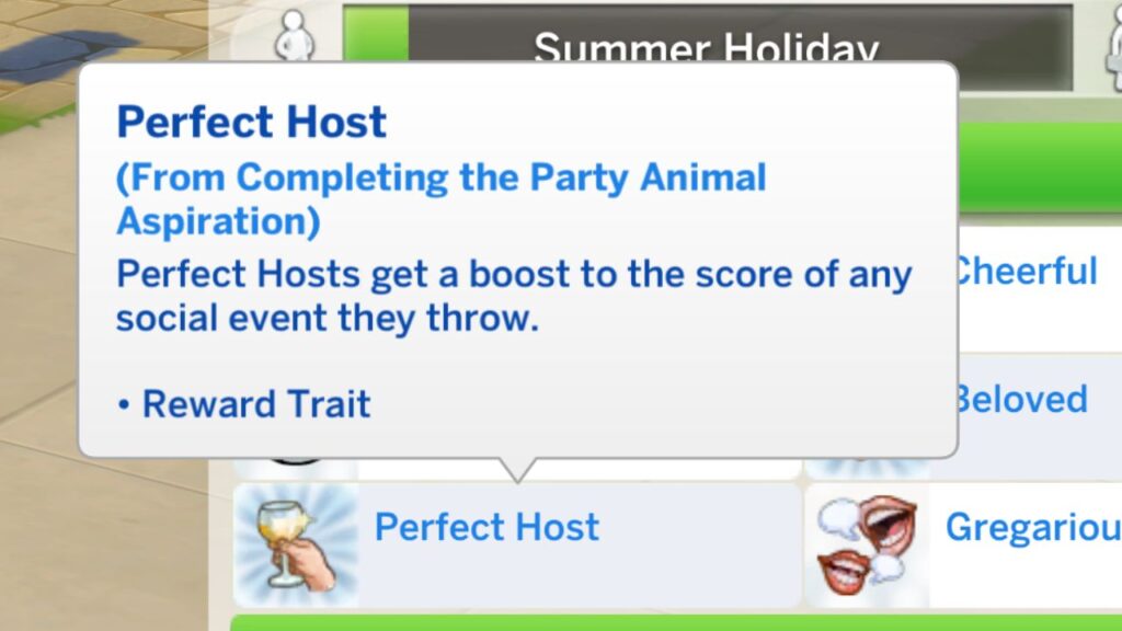 A screenshot from The Sims 4 showing the perfect host reward trait