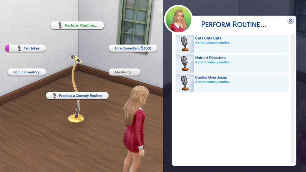 A screenshot from The Sims 4 showing how to perform a comedy routine on a microphone