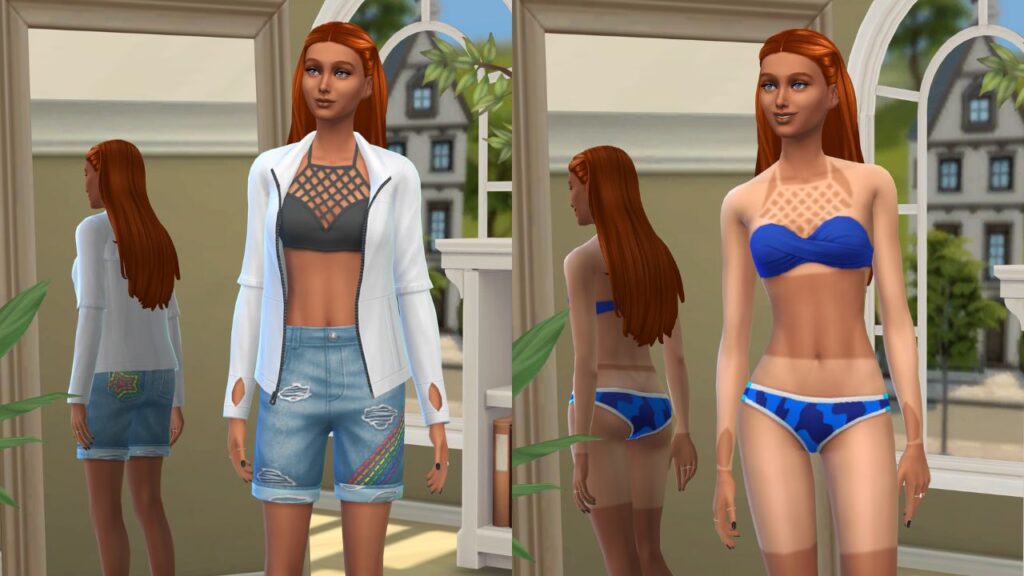 A screenshot from The Sims 4 showing a sim in a sweater and shorts and then the sun tan lines they got from tanning in that outfit 
