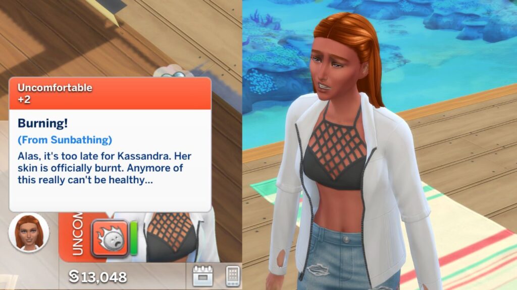 A screenshot from The Sims 4 showing the uncomfortable moodlet you get from burning in the sun and a sim with a sun burn 