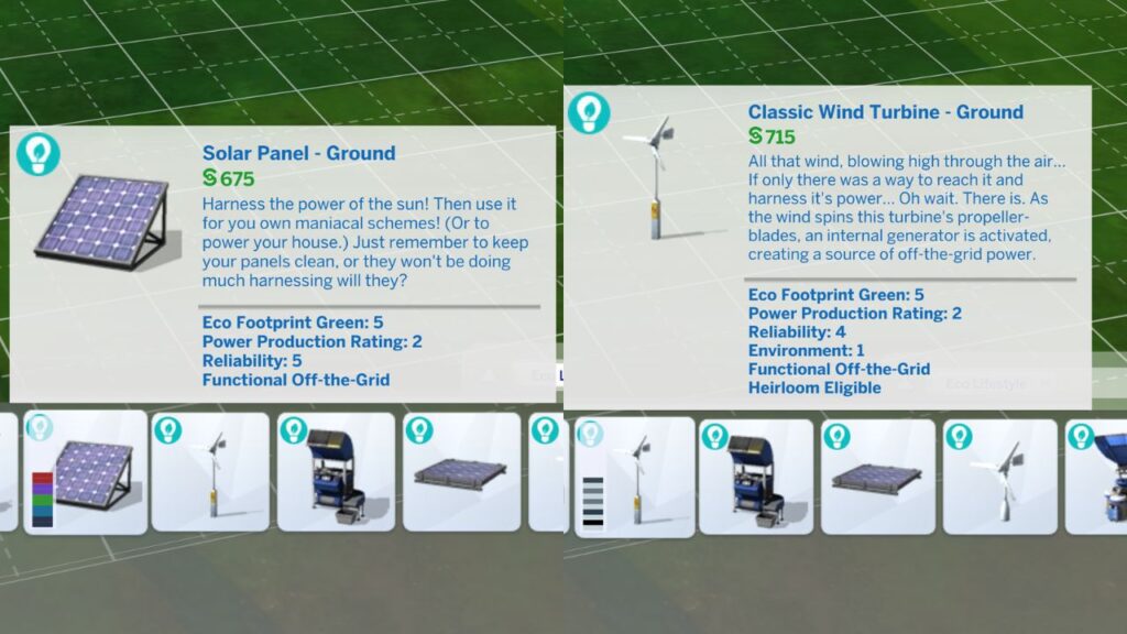 A screenshot from The Sims 4 showing the solar panel and wind turbine build mode catalogs 