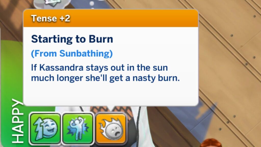 A screenshot from The Sims 4 showing the +2 Tense moodlet called Starting to Burn 