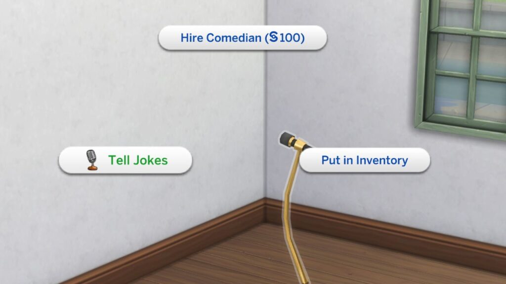 A screenshots from The Sims 4 showing the option to tell jokes on a microphone