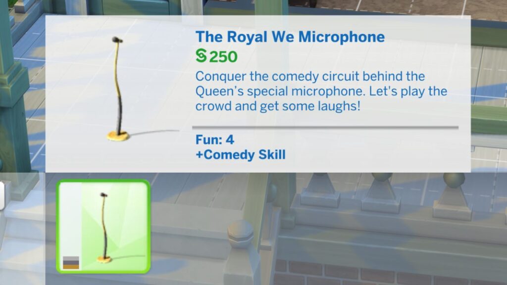 A screenshot from The Sims 4 showing the build mode catalog for The Royal We Microphone
