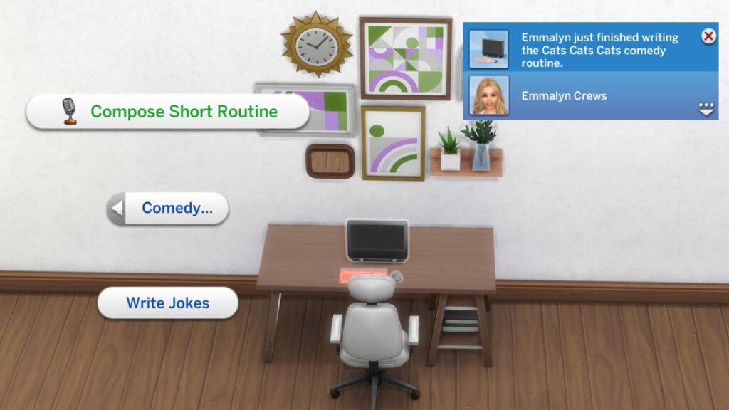 A screenshot from The Sims 4 showing how to compose a comedy routine on a computer