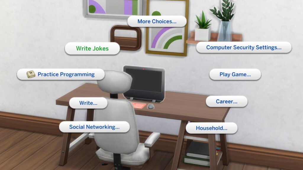 A screenshots from The Sims 4 showing the option to write jokes on a computer to earn the comedy skill