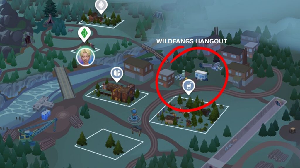 A screenshot from The Sims 4 showing the location of the Wildfangs Hangout