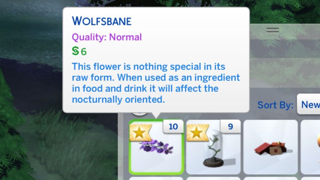 A screenshot from The Sims 4 showing wolfsbane in a sim's inventory