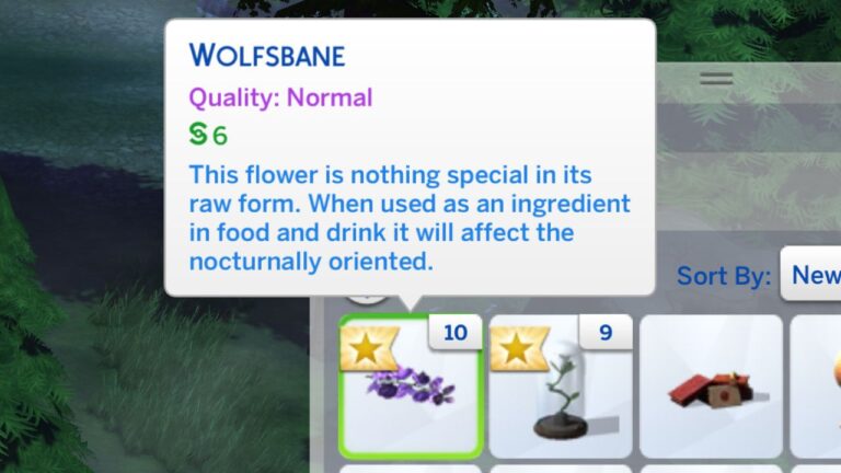 A screenshot from The Sims 4 showing wolfsbane in a sim's inventory
