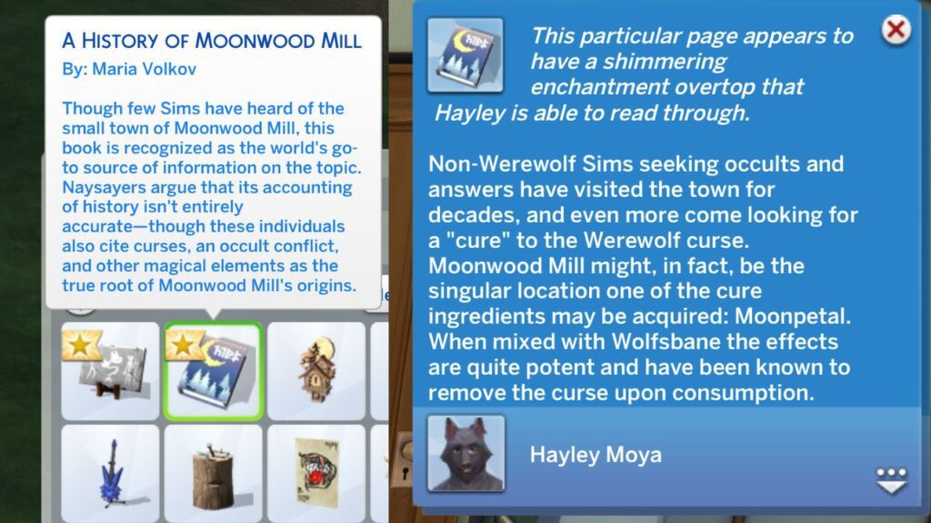A screenshot from The Sims 4 showing the history of moonwood mill in a sim's inventory and the notification you get when you learn about wolf-b-gone