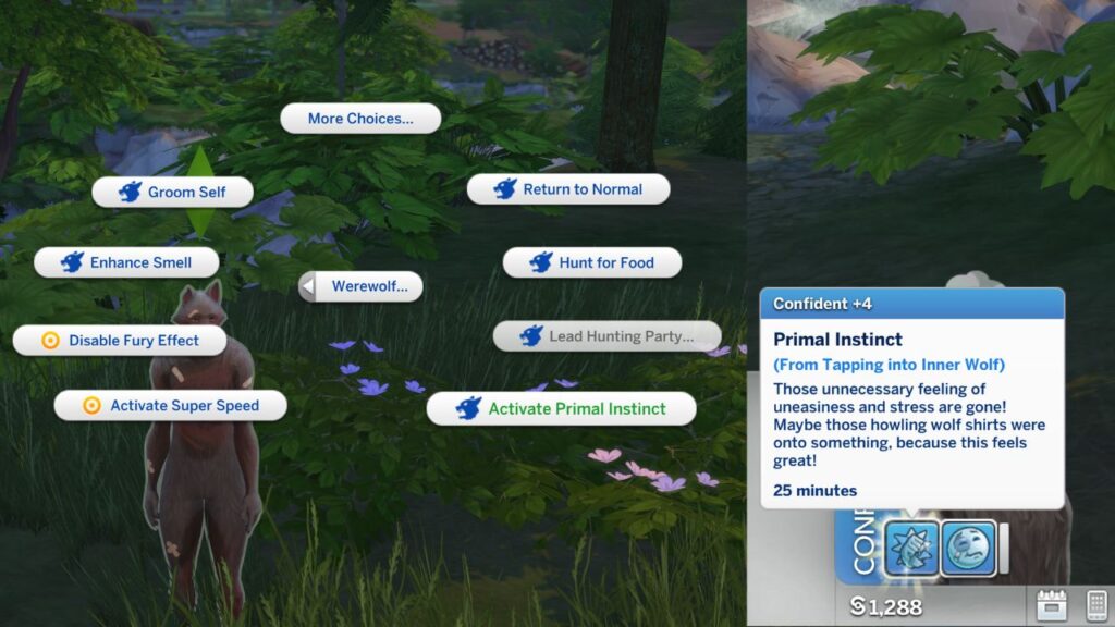 A screenshot from The Sims 4 showing the werewolf option to active primal instinct and the +4 confident moodlet you get from it