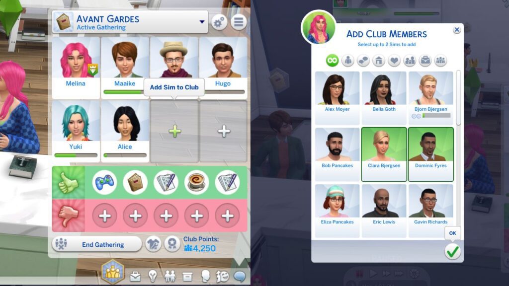 A screenshot from The Sims 4 showing how to add club members to your sim's club 