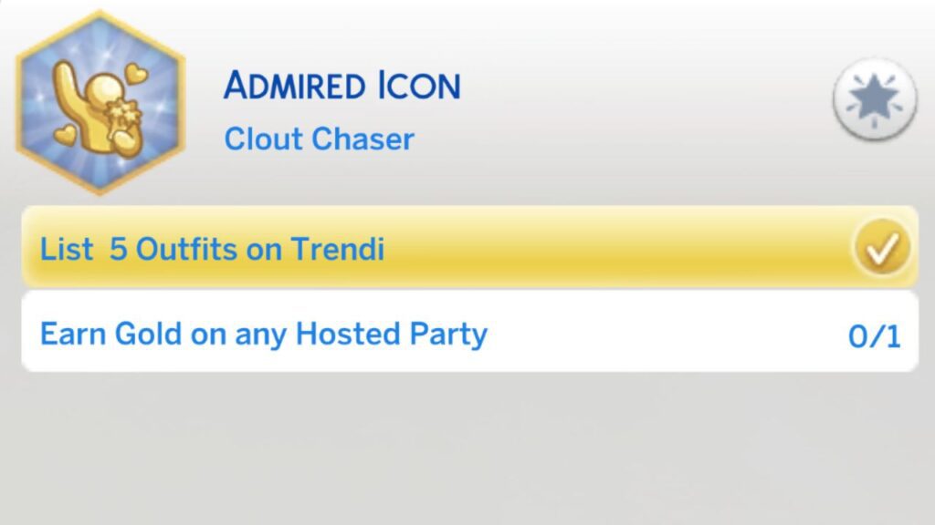 A screenshot from The Sims 4 showing the second stage of the admired icon aspiration