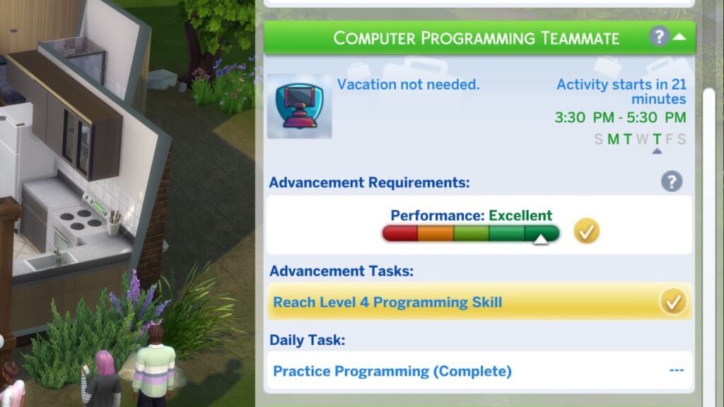 A screenshot from the sims 4 showing the career panel for an after school activity