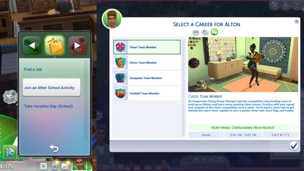 A screenshot from the sims 4 showing how to join an after school activity