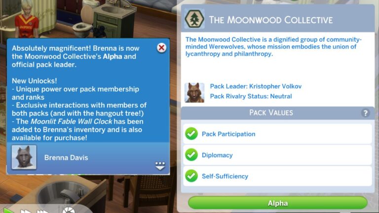 A screenshot from The Sims 4 showing the notification you get when you become alpha of the Moonwood Collective