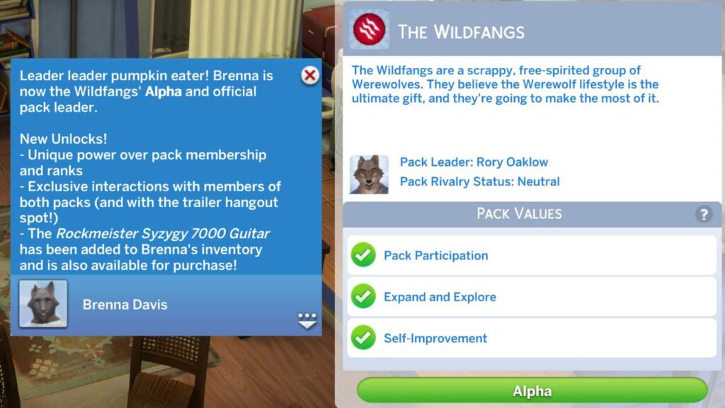 A screenshot from The Sims 4 showing a sim who is the alpha level of the Wildfangs