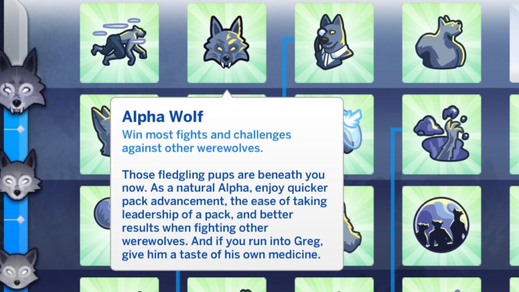 A screenshot from The Sims 4 showing the alpha wolf werewolf ability description