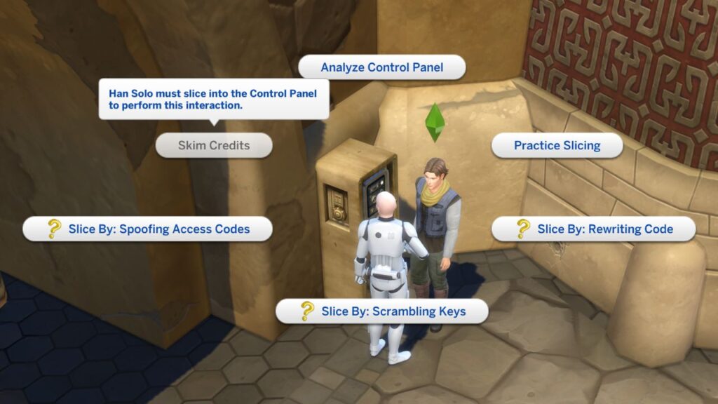 A screenshot from The Sims 4 showing that you need to analyze the control panel to skim credits