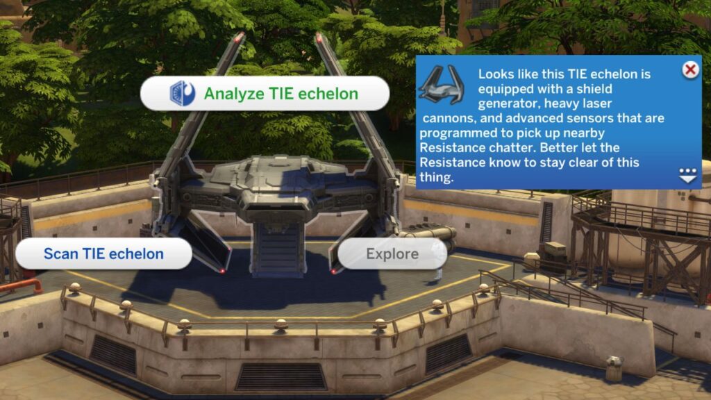 A screenshot from The Sims 4 showing how to analyze TIE echelon in the first order
