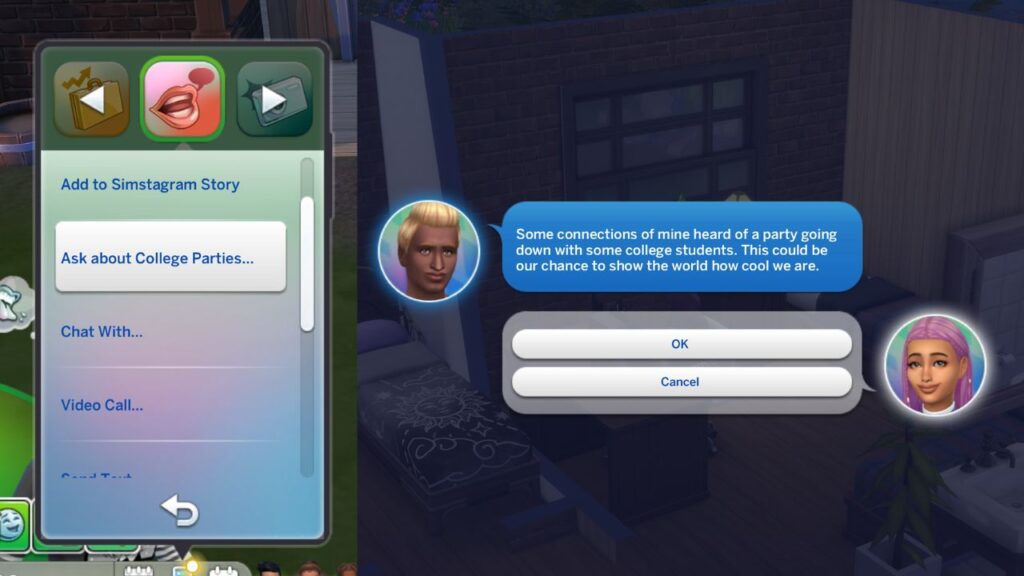 A screenshot from The Sims 4 showing how to get an invite to college parties
