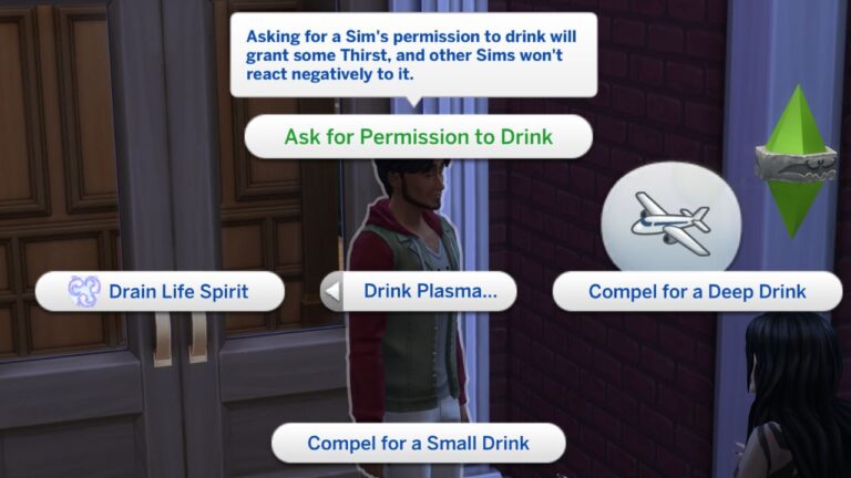 A screenshot from The Sims 4 showing the option to ask for permission to drink as a vampire