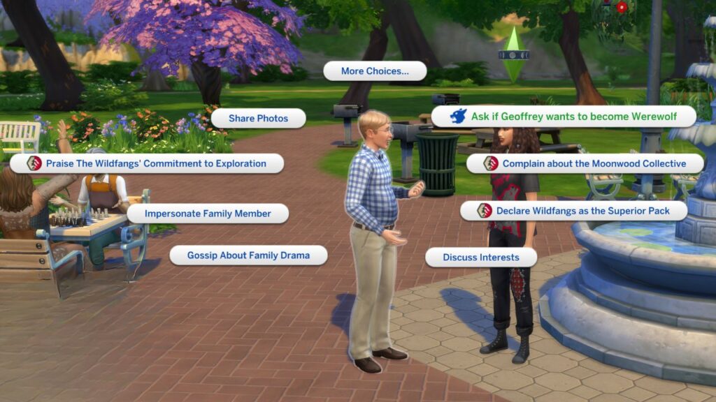 A screenshot from The Sims 4 showing the option to ask a sim if they want to become a werewolf