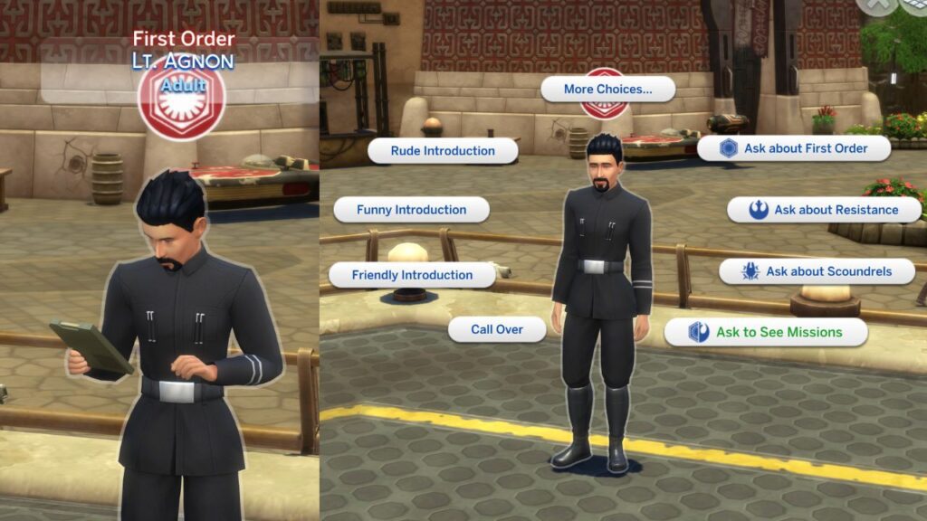 A screenshot from The Sims 4 showing how to get a mission from Lt Agnon in the first order