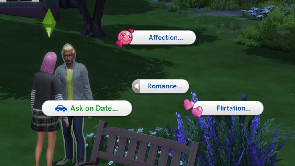 A screenshot from The Sims 4 showing how a sim can ask another. sim out on a date