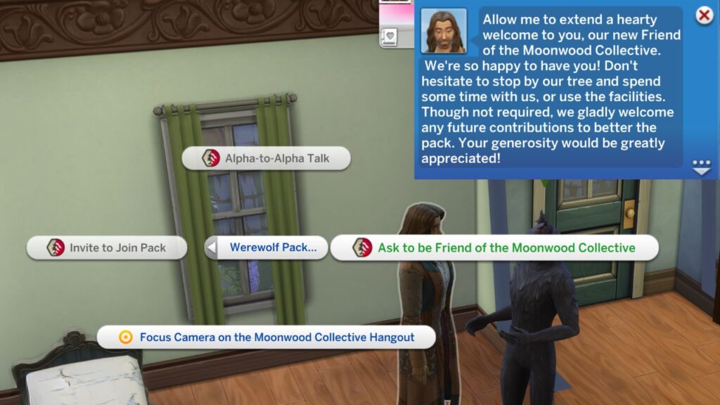 A screenshot from The Sims 4 showing how to become a friend of the moonwood collective